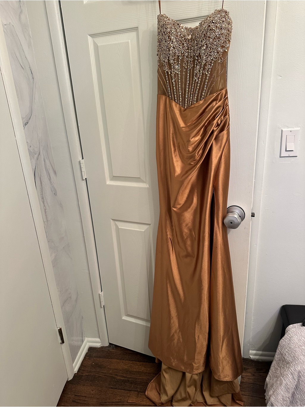 Copper Satin Evening Gown With Beaded Bodice